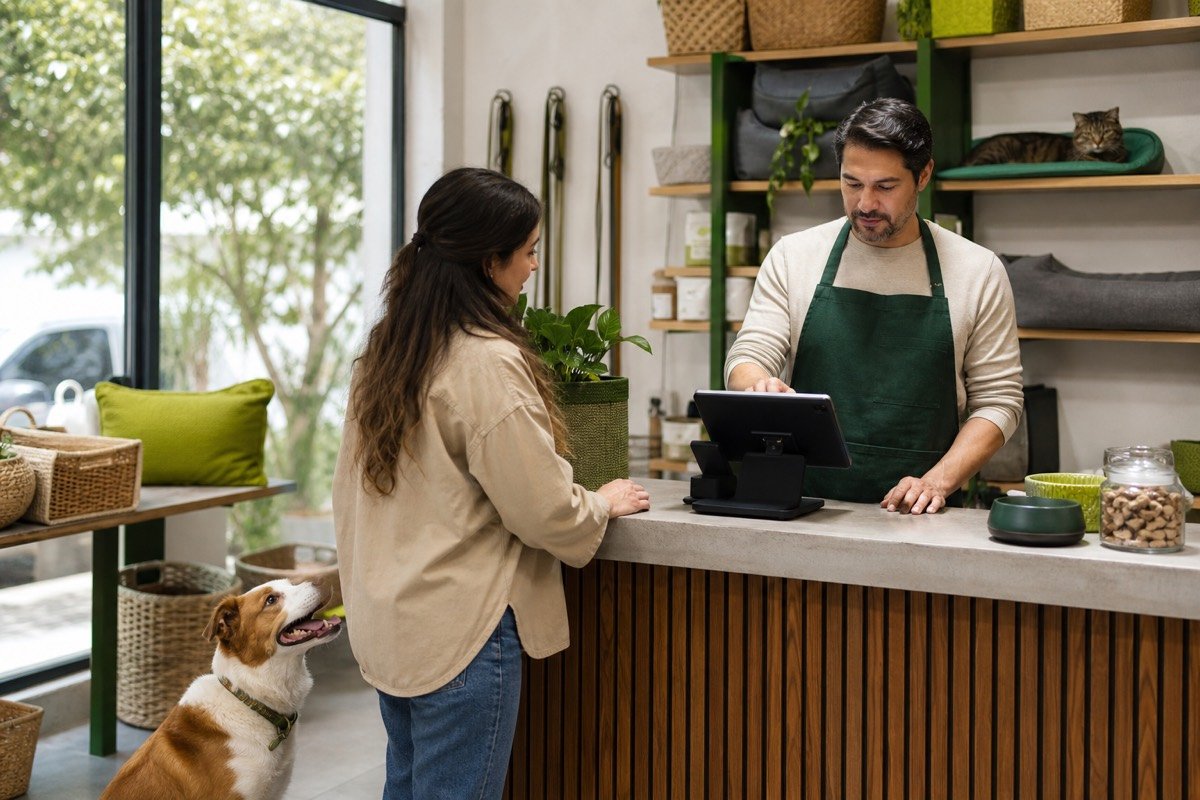 Persona atendiendo una venta con un perro en un pet shop
