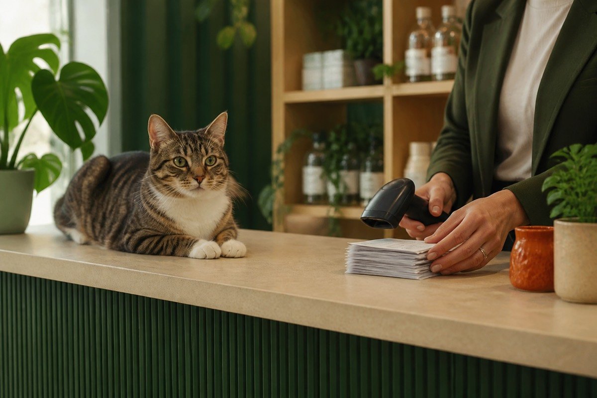 Gato en un mostrador mientras una persona organiza recibos con lector de código